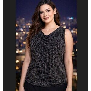 Vintage R&M Richards Metallic Shimmer Tank Top 16 Black Cowl Neck Lined Party